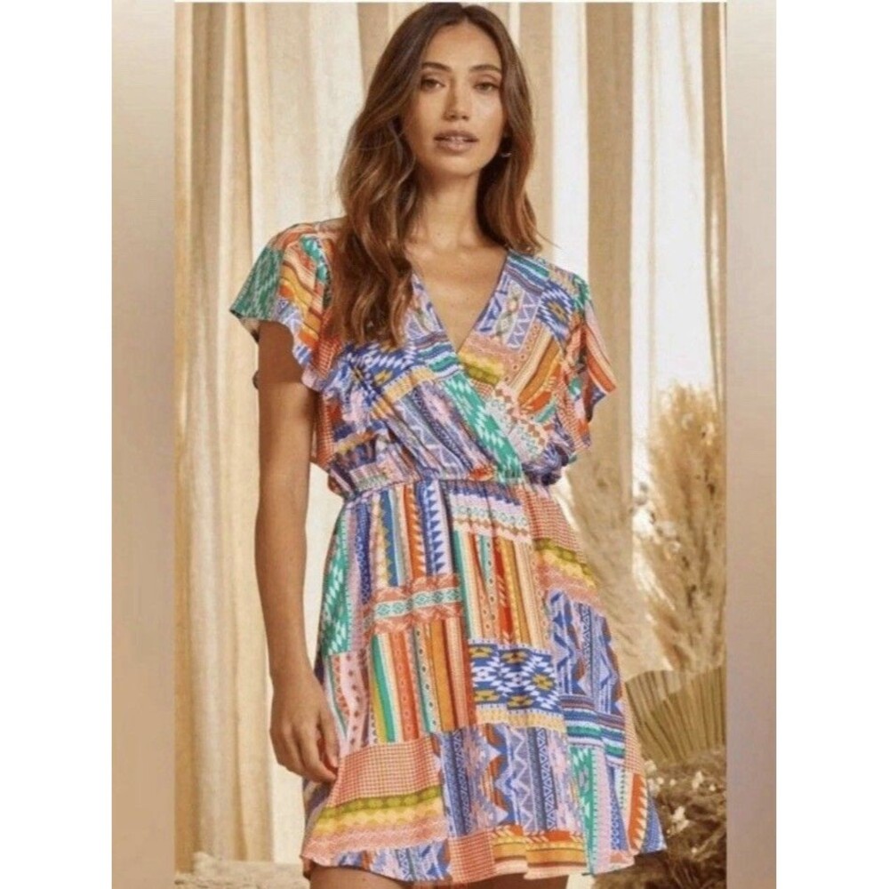 SAVANNA JANE Patchwork Aztec Mini Dress Large Flutter Sleeve Boho Folk Festival